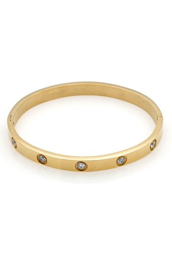 THK Gold Bangle Bracelet 6mm, THK, Zirconia Stones, Stainless Steel, 19 cm, 18K Gold Plated, Unisex