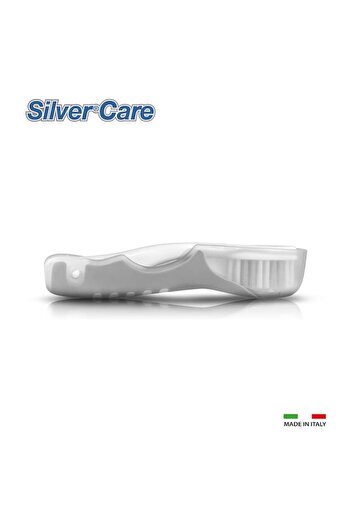 SILVER CARE Travel Toothbrush with Medium Bristles, Silver Head, Ergonomic, Foldable Handle, Pink/Bl