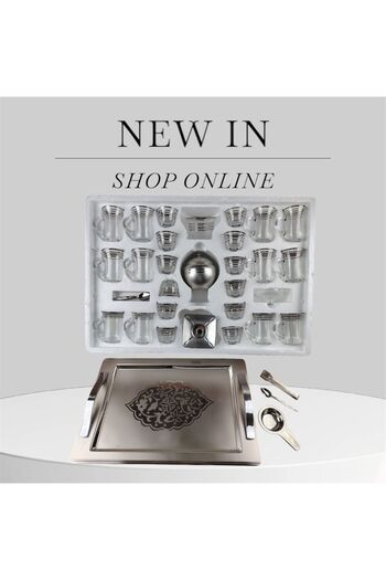 ÖZLAMP A distinctive 55-piece Turkish-made tea + coffee cup + saucer set in stainless steel.
