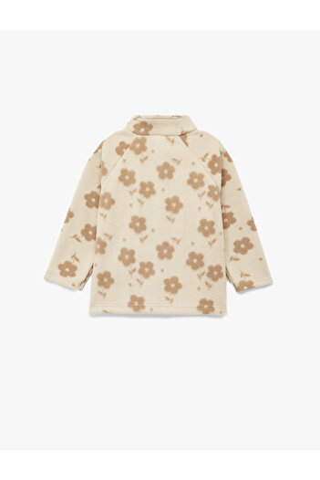Koton High Neck Long Sleeve Zippered Floral Fleece Sweatshirt