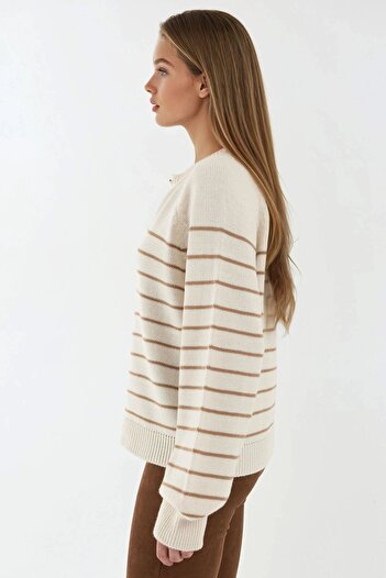 Hiccup Button Detailed Striped Loose Fit Knit Sweater