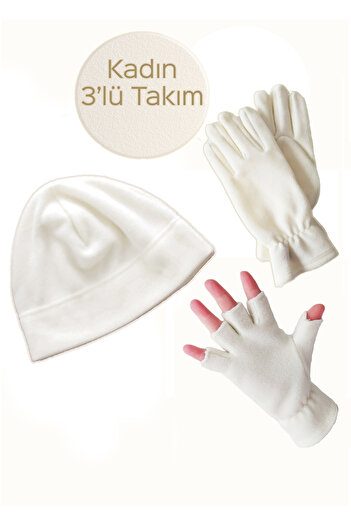 Mrey Women's Ecru Winter Thermal Fleece Cut Finger Gloves, Closed Fleece Gloves, Winter Beanie Set of 3