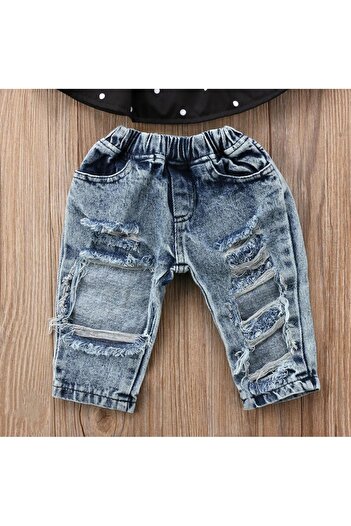 OEM Girls Jeans With Top And Headband, Cotton, Dark Blue, 18-24 Months