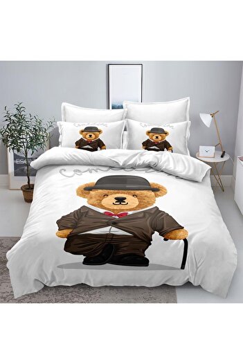 OEM Bed linen, 2 people, identical 3D print, fine, 6 pieces, white, with teddy bear, LFD129