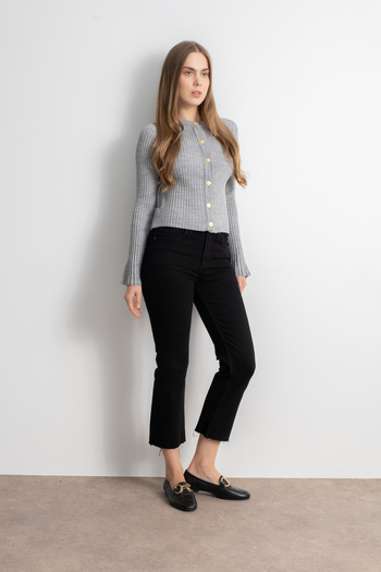 Shophia Crew Neck Buttoned Spanish Sleeve Knit Cardigan - Gray