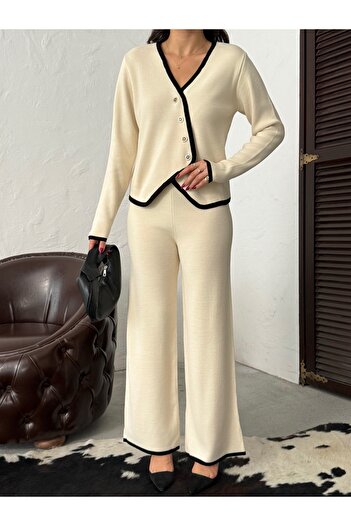 BEJNA Women's Cross-Closure Stylish Button Detail Top and Bottom Knitwear Set