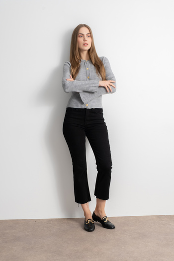 Shophia Crew Neck Buttoned Spanish Sleeve Knit Cardigan - Gray