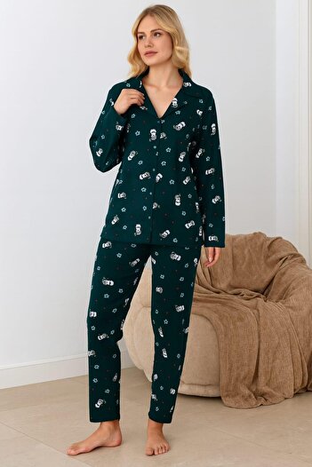 Pemilo Women's 02289 Front Buttoned Suede Pajama Set Green