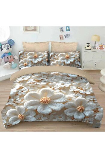 OEM Bed linen, 2 people, identical 3D print, fine, 6 pieces, cream, with white flowers, LFD144