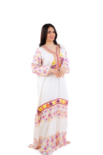 amaan Women's Embroidered Jalabiya Dress, Floral Design with V-Neck, Arabic Dress for special occasions.