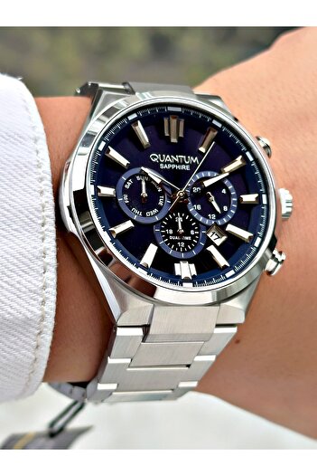 Quantum Functional Silver-Navy Blue Color Sapphire Glass Steel Band Steel Case Men's Wristwatch 1094.390Mr