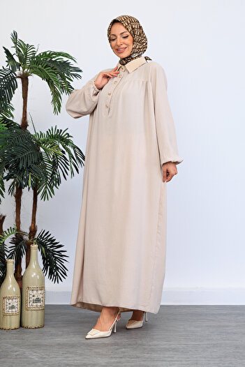 OKTAYUSTA COLLECTİON Mevlana Dress with Half Button Front Shirt Collar Robe Beige
