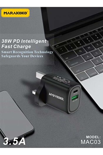 MARAKOKO 38W charger head. Dual-port charger (Type-C charger & USB plug). Fast and safe charging capsule.