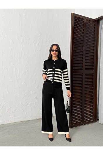 BEJNA Women's Striped Gold Buttoned Top and Bottom Knitwear Set