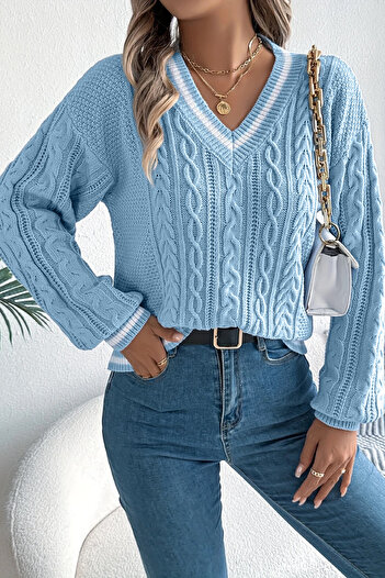 hanope Pulover de damă cu dungi cu decolteu în V din tricot cu modele Albastru bebeluș