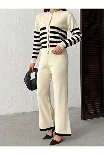 BEJNA Women's Striped Gold Buttoned Top and Bottom Knitwear Set