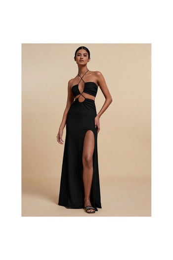 FITINT Women's long casual dress with side cutout and open back Black – 230