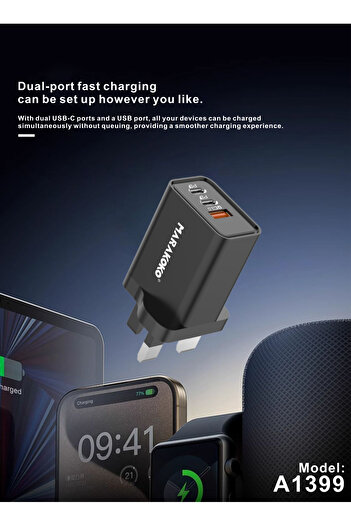 MARAKOKO 55W charger head. 3-port charger (2 Type-C & 1 USB). Fast and safe phone charger.