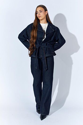 TENA Women's Rins Washed Double-Breasted Jacket Palazzo Pants Jean Set