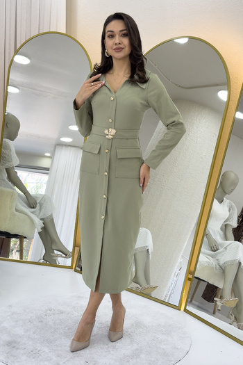 zks grup tekstil Women's Gold Button Belt Detailed Long Dress with Pockets Brown, Black, Navy Blue, Olive Green