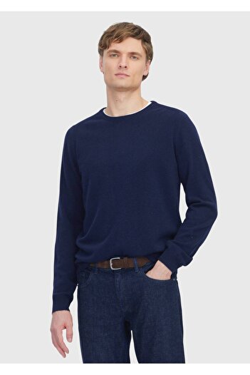 Ramsey Navy Blue Crew Neck Plain Knit 100% Cashmere Sweater