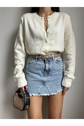 LOTUS CITY Ecru Crew Neck Buttoned Knitwear Cardigan