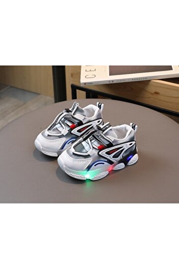 BebeNou White Sneakers with Black Details & Lights for Boys