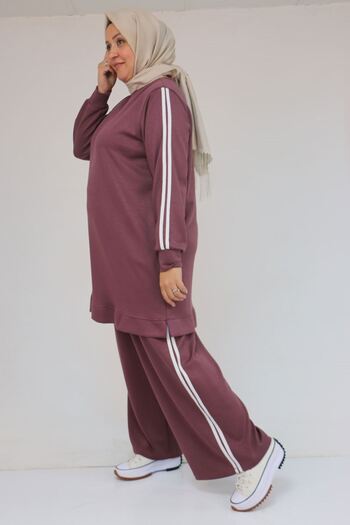 Eslina 57060 Plus Size Shoulder Stripe Modal Trouser Suit - Dusty Rose