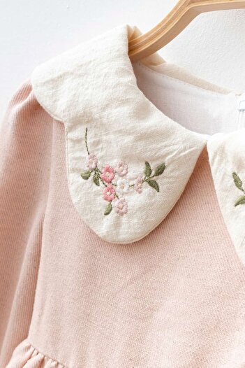Banamio Fleur Baby Girl Kid's Floral Embroidery Detailed Ruffle Edged Linen Collar Lined Dress