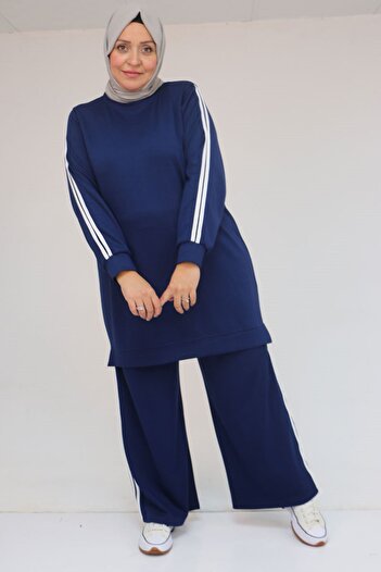Eslina 57060 Plus Size Shoulder Stripe Modal Pants Suit - Indigo
