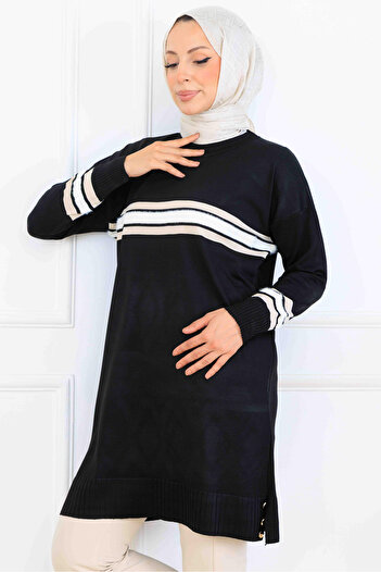 benguen Striped Detailed Mercerized Tunic K5020 Black