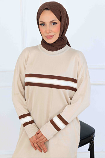 benguen Striped Detailed Mercerized Tunic K5020 Beige