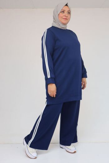 Eslina 57060 Plus Size Shoulder Stripe Modal Pants Suit - Indigo