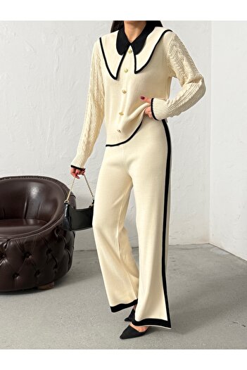 BEJNA Women's Stylish Collar Knit Detailed Bottom-Top Knitwear Set