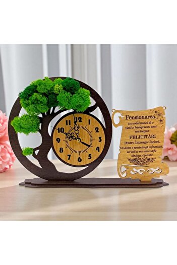 OEM Bonsai clock with natural lichens and message for Retirees, 30x20 cm, personalized gift, wenge