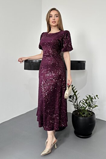 Elbee Fashion Woman Midi Length Sequin Sequin Dress