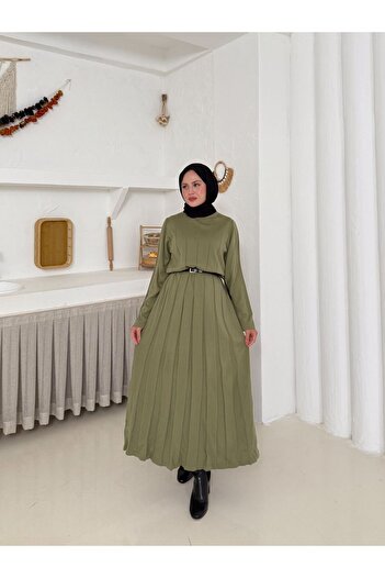 Butik Piliseli Evaze Triko Elbise Kemer Detaylı