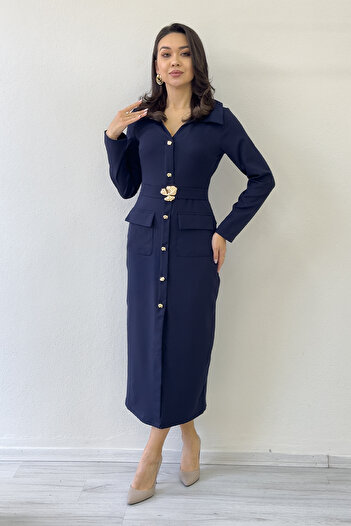 the ZKS Women's Gold Button Belt Detailed Long Dress with Pockets Brown, Black, Navy Blue, Olive Green
