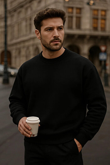 COMBİNE MİCHAİL Men's Oversize Winter Black Long Sweater
