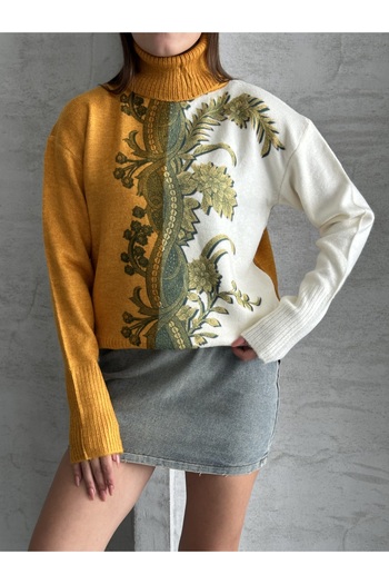 Knitoryx Women's Half Yellow Half Cream Patterned High Neck Knit Sweater - Women's Winter Stylish Model Std