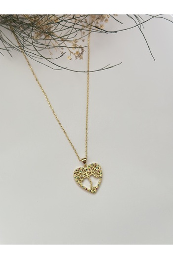 mibrillo Steel Colored Stone Heart Model Tree of Life Necklace
