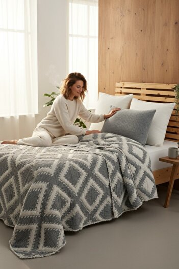 Şaheser Sonia Gray Six-Layer Muslin Bedspread Set – 100% Cotton, Breathable