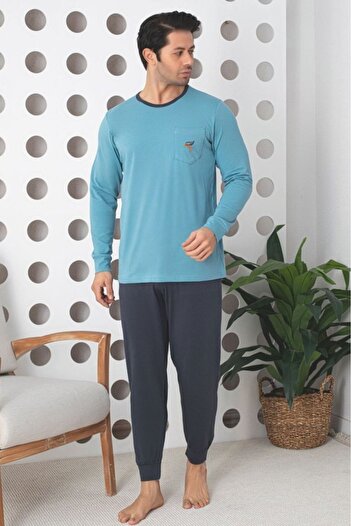 embody Pijama lungă bărbătească din bumbac și lycra, albastră