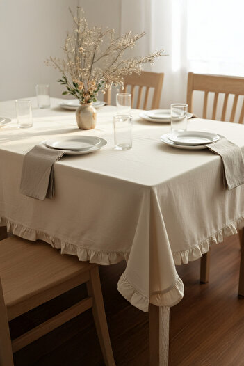 YUNUSOĞLU HOME Ruffled Cream Cotton Tablecloth – Stylish and Elegant Design