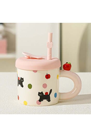 vivimall Ceramic mug with lid and straw Cute B model 380 ml pink | FreshBox
