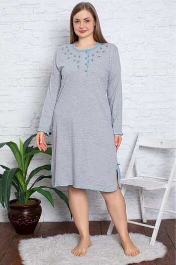 embody Lady's Nightdress in Soft Cotton, Long Sleeves, batal, grey