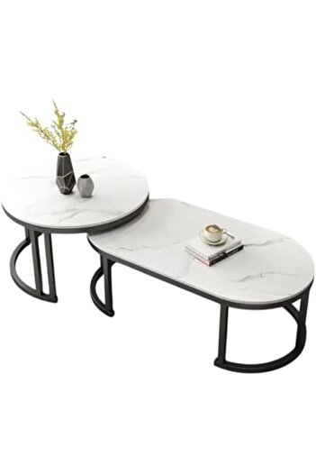 Türkiye Oval Coffee Table Slate Nesting Coffee Table Set for Living Room White/Black