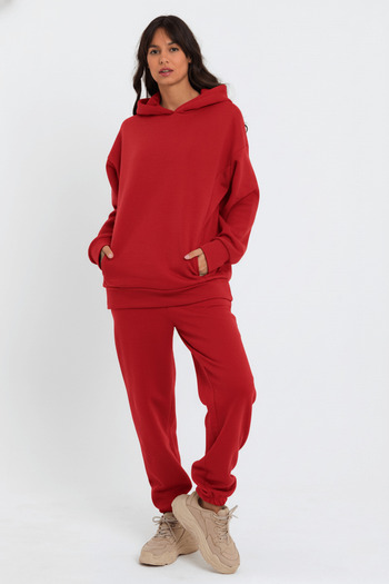 ESPİNA Women's Oversized Tracksuit Set with Elastic Waist and Cuffs, Three Thread Fleece - Red