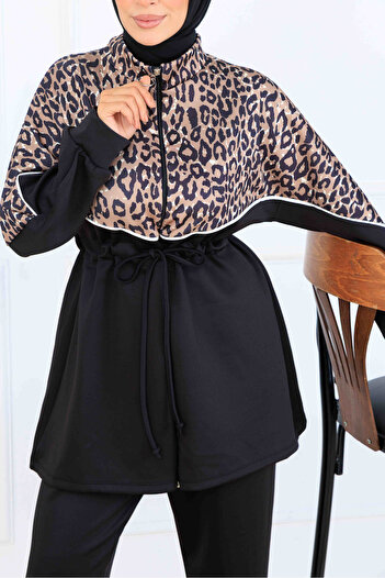 benguen Leopard Patterned Scuba Double Suit N5357 Mink