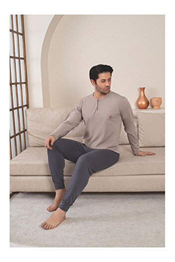 embody Men's penye cotton long pyjamas, beige